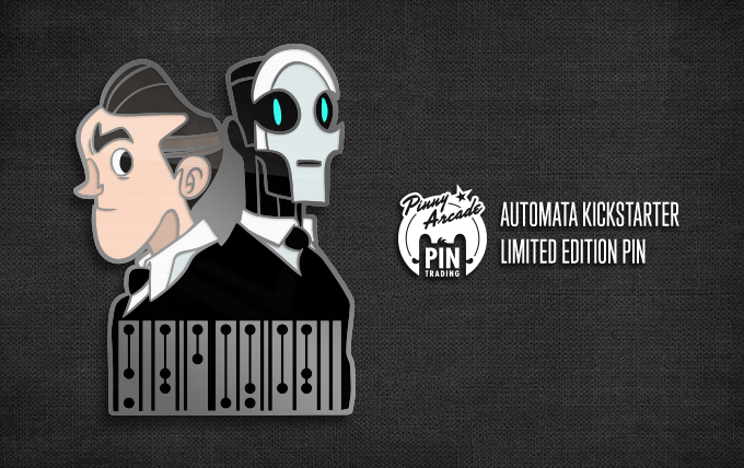 A pin depicts Detective Regal and Carl Swangee wearing suits. The bottom of the pin features Clickwise text which reads "REGAL SWANGEE". Next to the pin is the Pinny Arcade logo and the text "Automata Kickstarter limited edition pin"